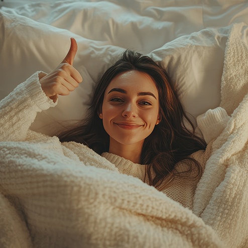 Woman in comfy bed, making thumbs up gesture